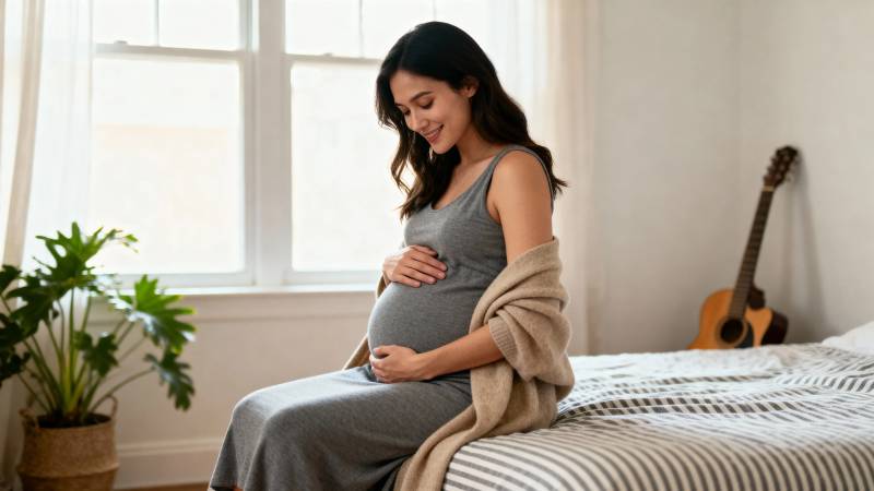 孕妈妈轻抚 belly 温馨居家时光图片