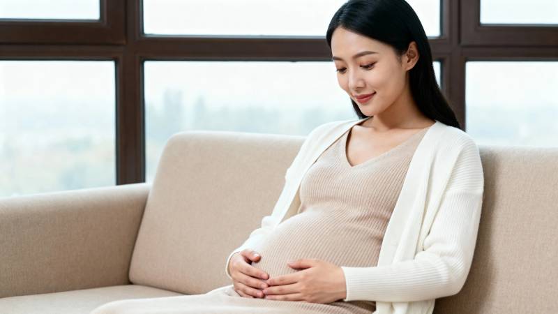 孕妈妈轻抚 belly 温柔微笑图片