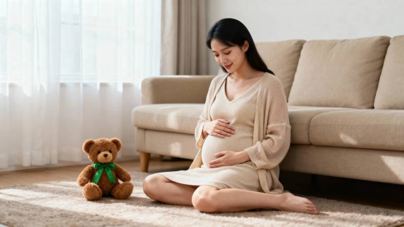 孕妈轻抚 belly 熊伴身旁图片