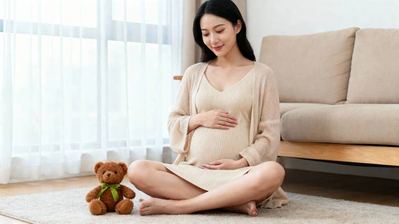 孕妈静坐抚肚 泰迪伴旁图片