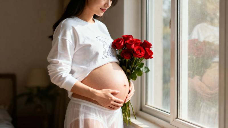 孕妻窗边捧红玫瑰图片