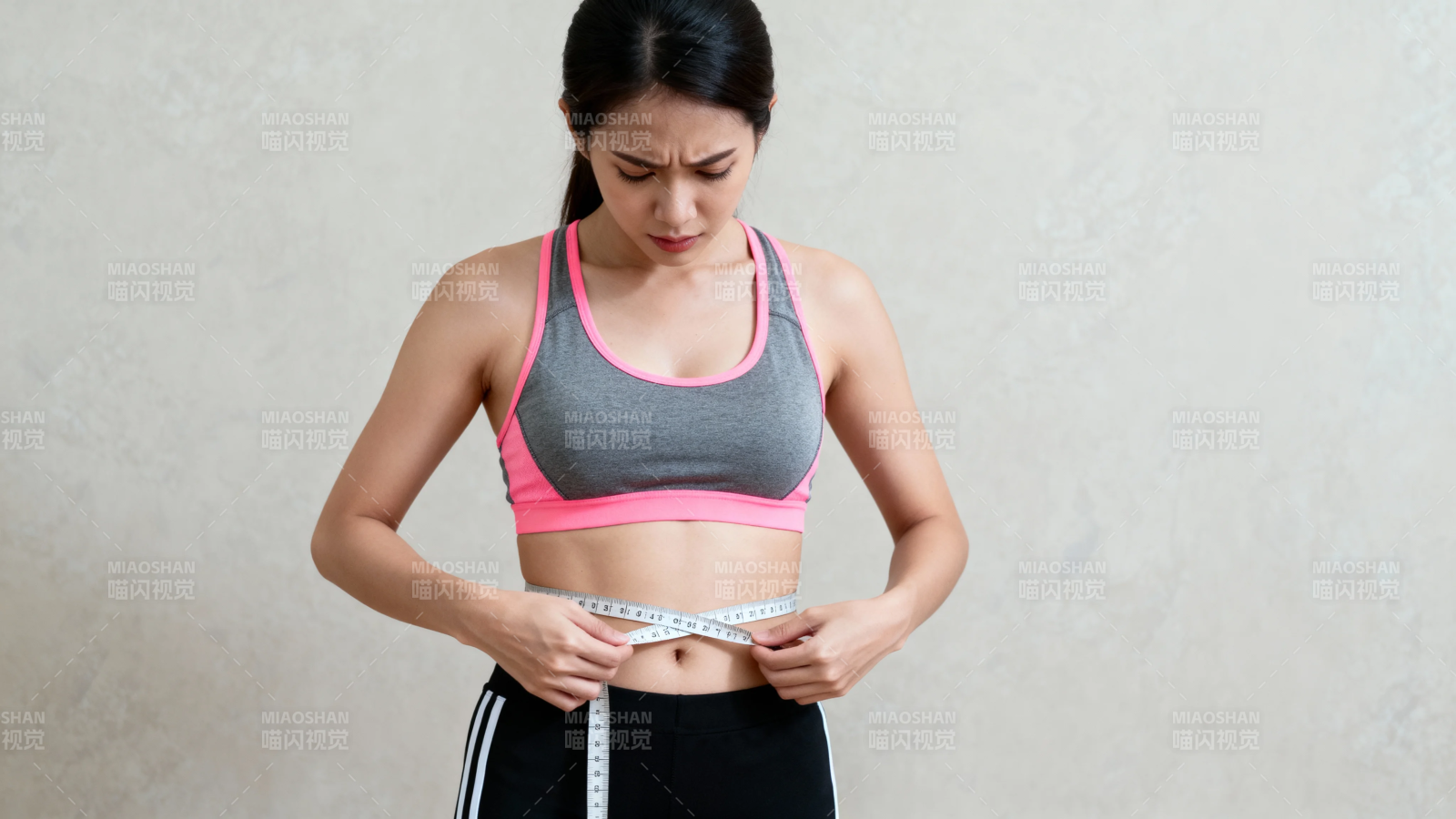 女子量腰围 眉头紧锁显焦虑图片