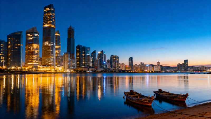 夜幕都市 灯火映水舟静泊图片