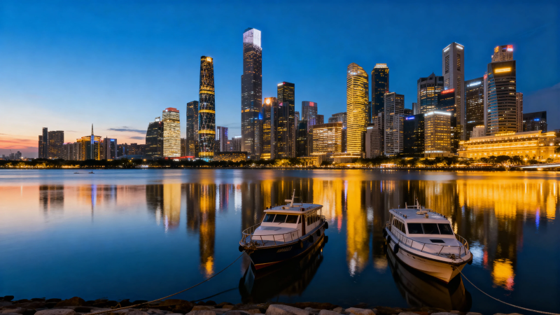 新加坡夜景 双船映高楼图片