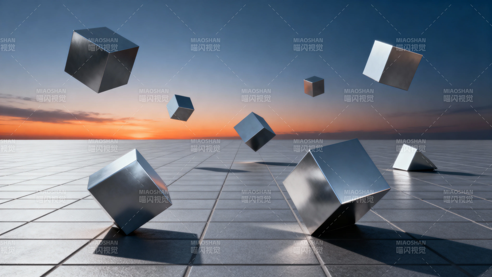 悬浮金属立方体日落场景图片