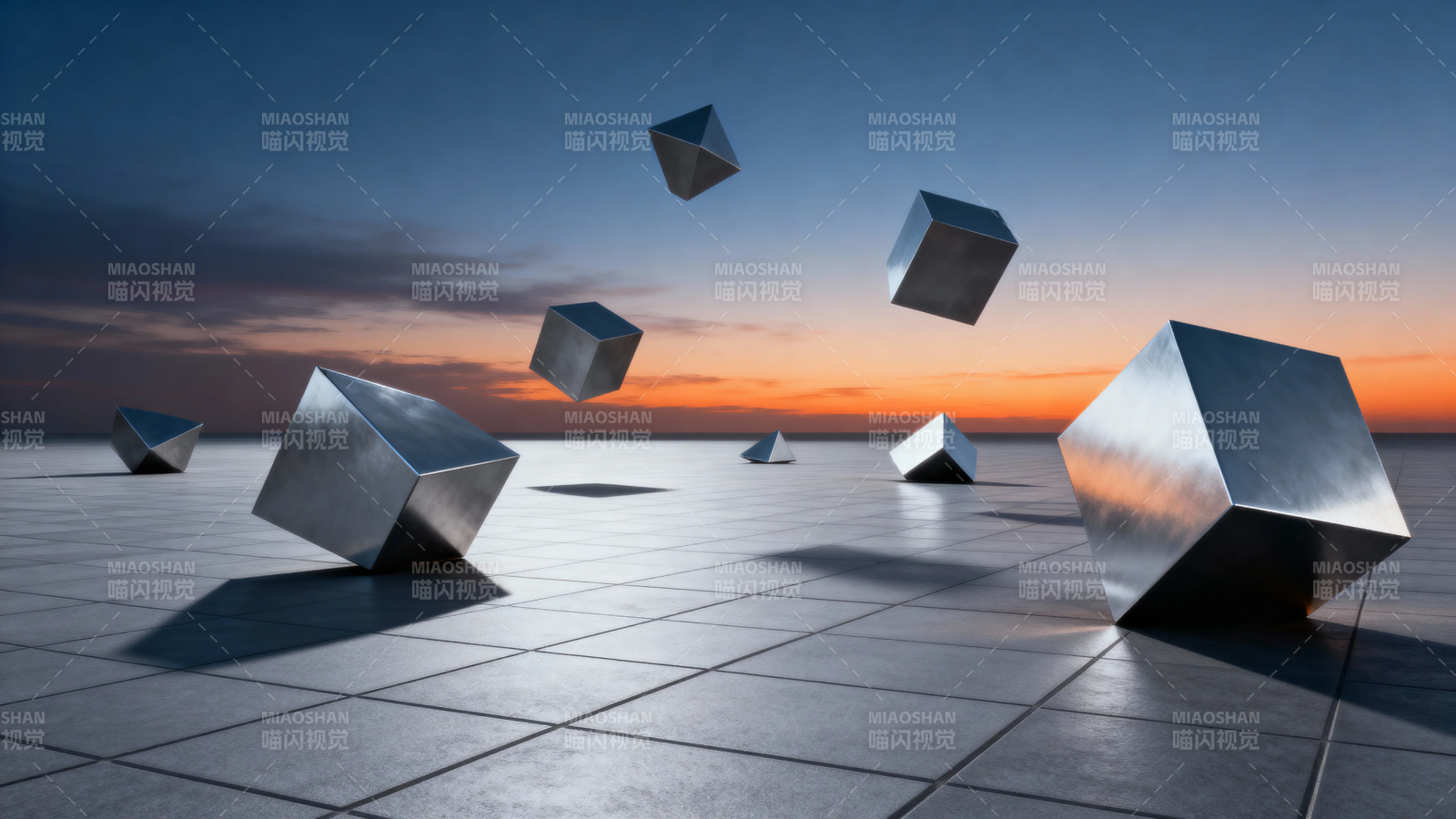 悬浮金属立方体黄昏景图片