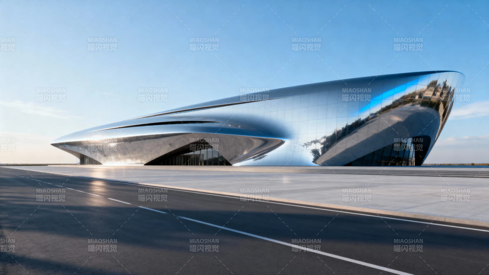 未来感流线建筑矗立旷野图片