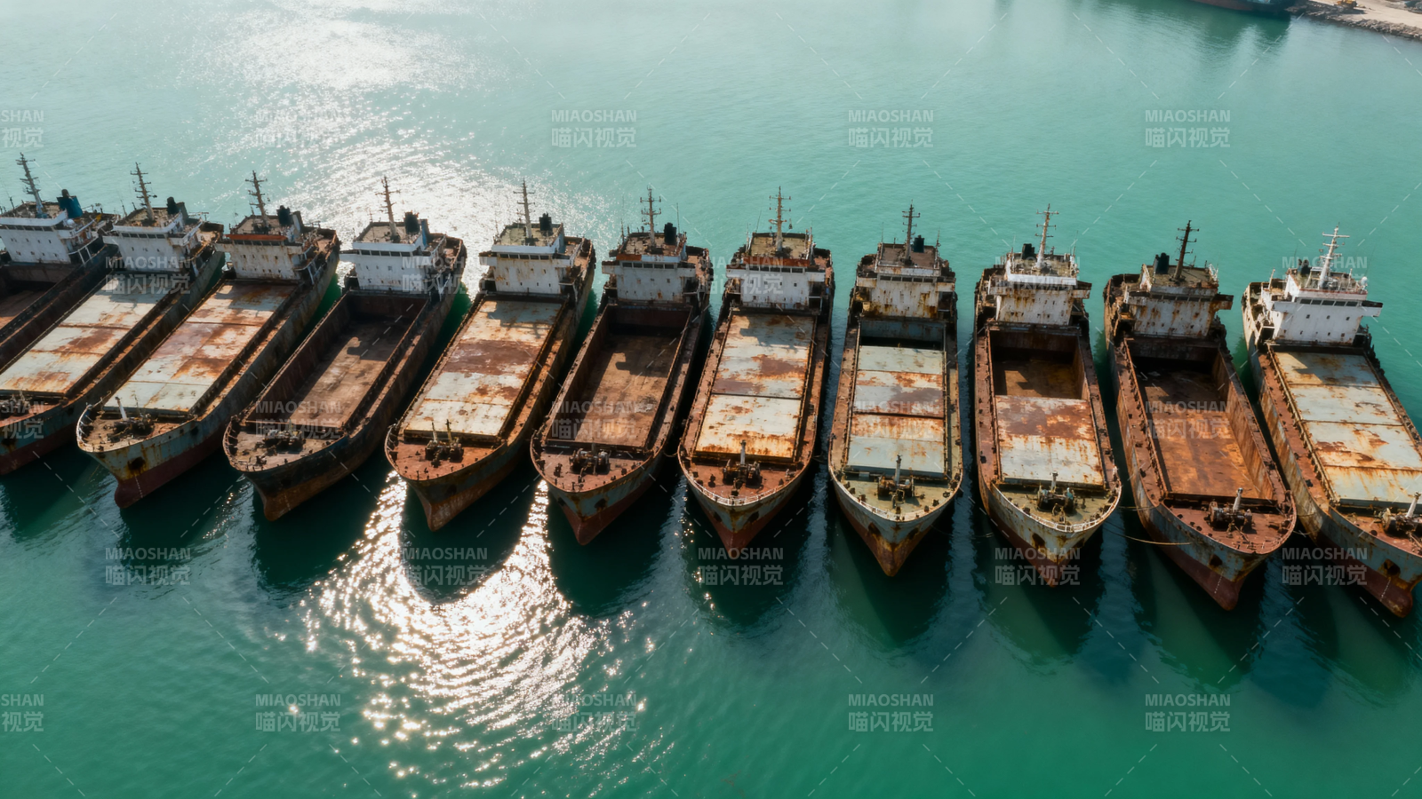 锈船列阵碧海湾图片