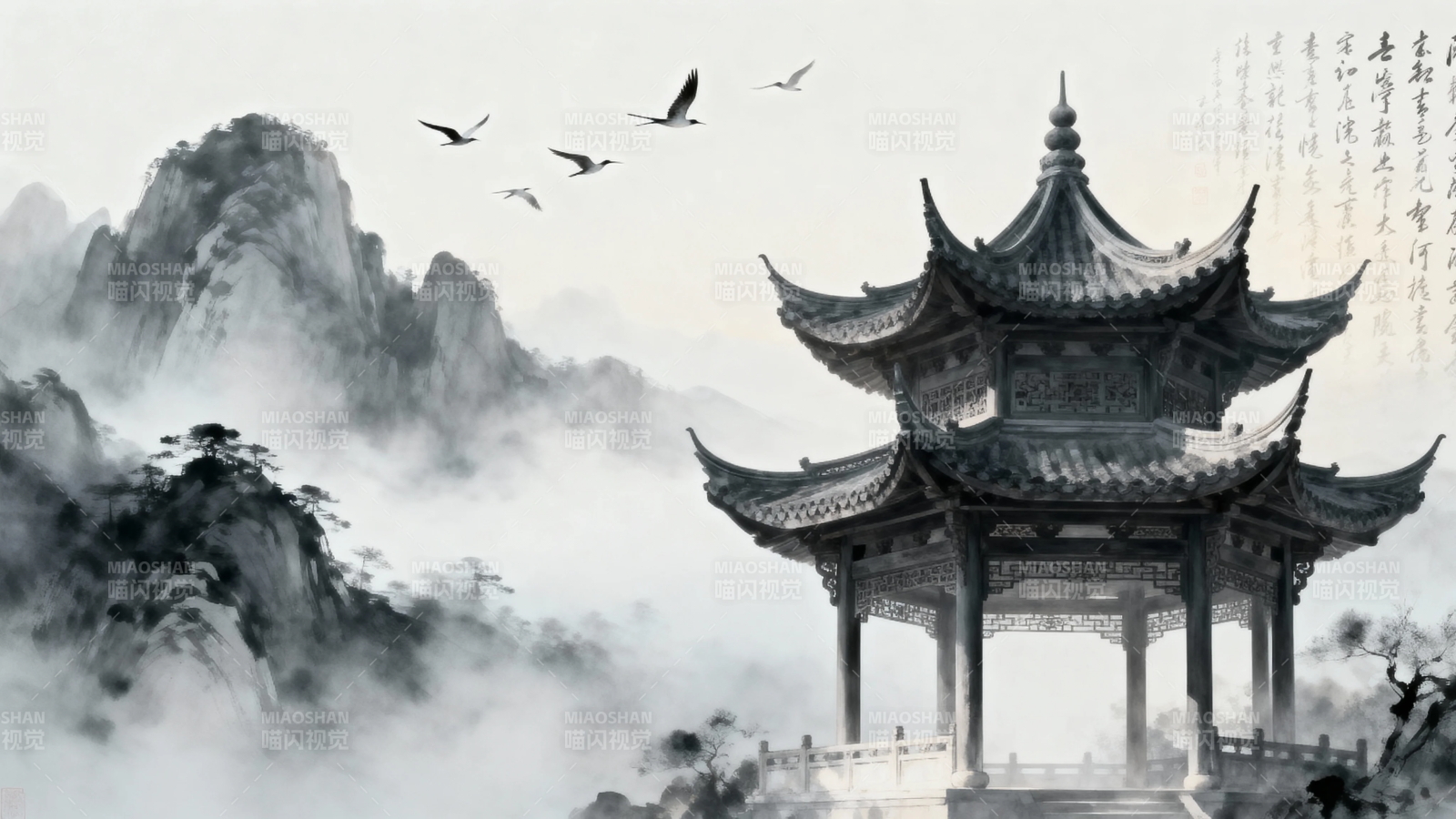 水墨亭台 飞鸟入画图片