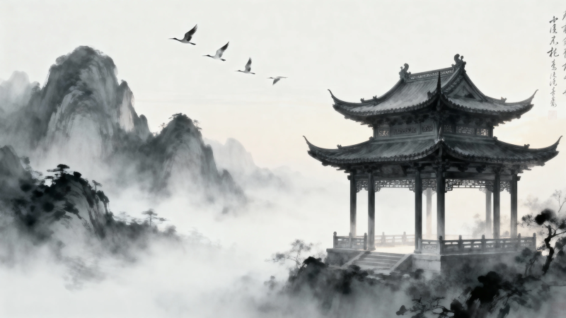山水亭台 飞雁入画图片