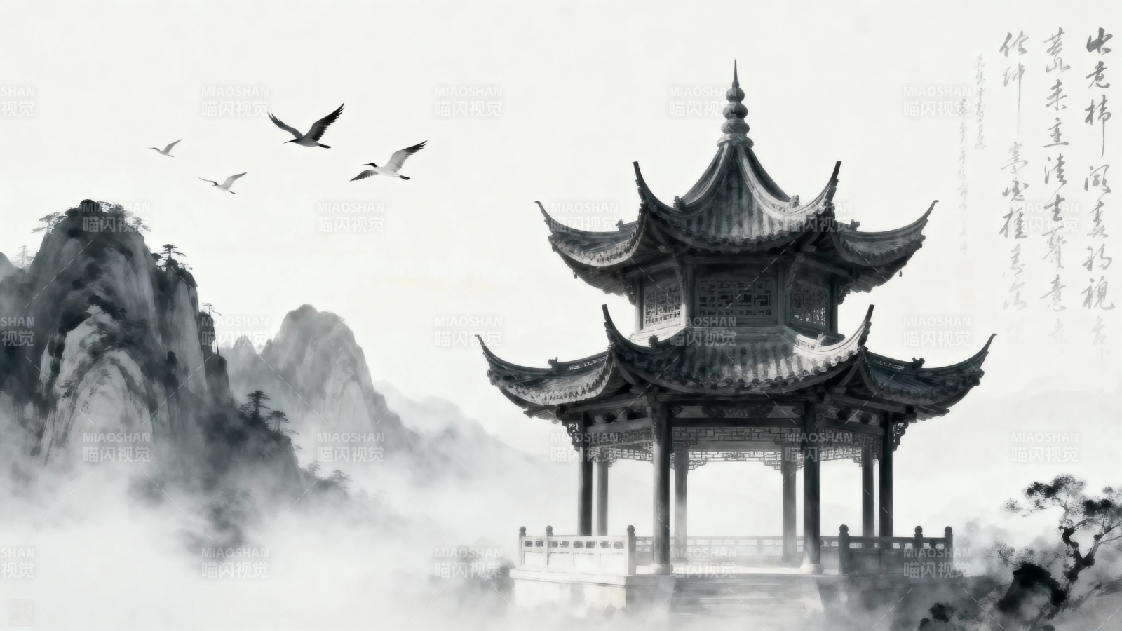 水墨亭台 飞鸟入画境图片