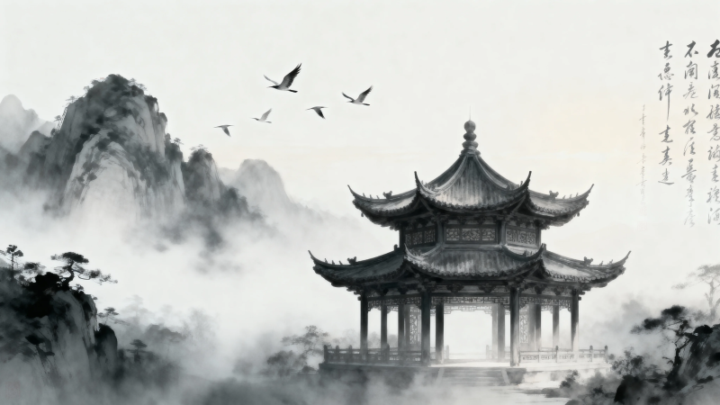 云雾古亭飞鸟图图片