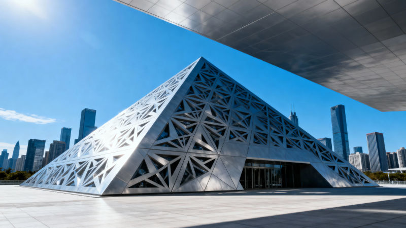 现代金字塔建筑矗立都市中图片