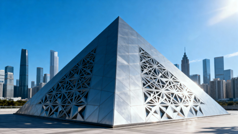 现代金字塔建筑矗立都市中图片