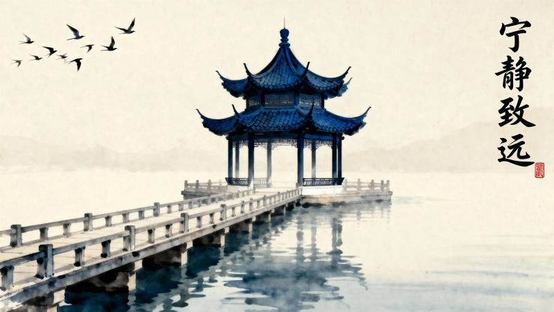 宁静致远 亭台水影飞鸟图片