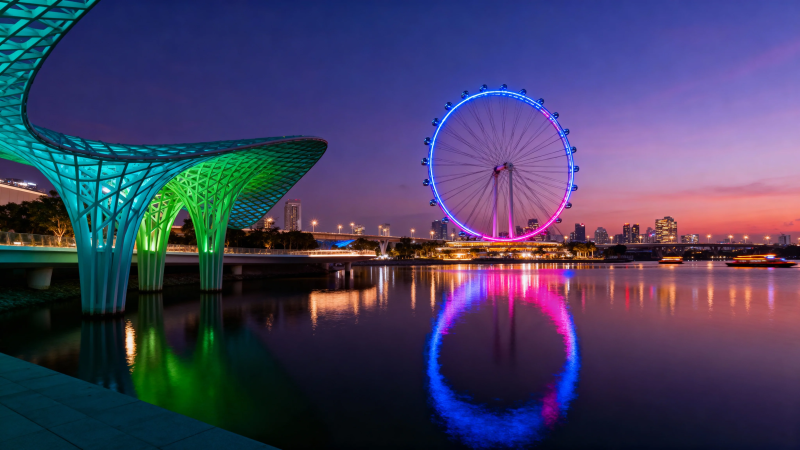 霓虹摩天轮映水夜景图片