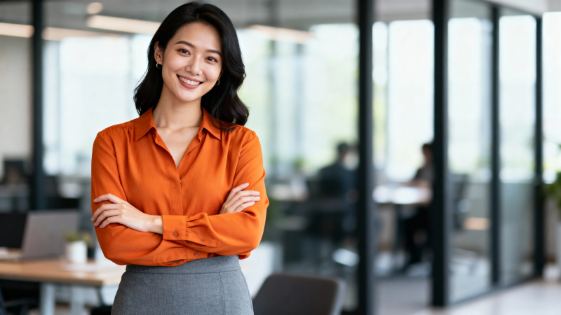 橙衣职场女性自信微笑图片