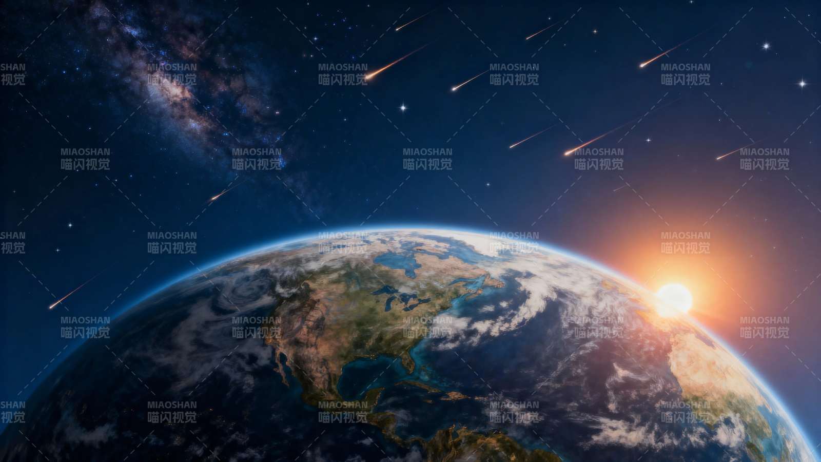 地球晨曦 流星划过银河图片