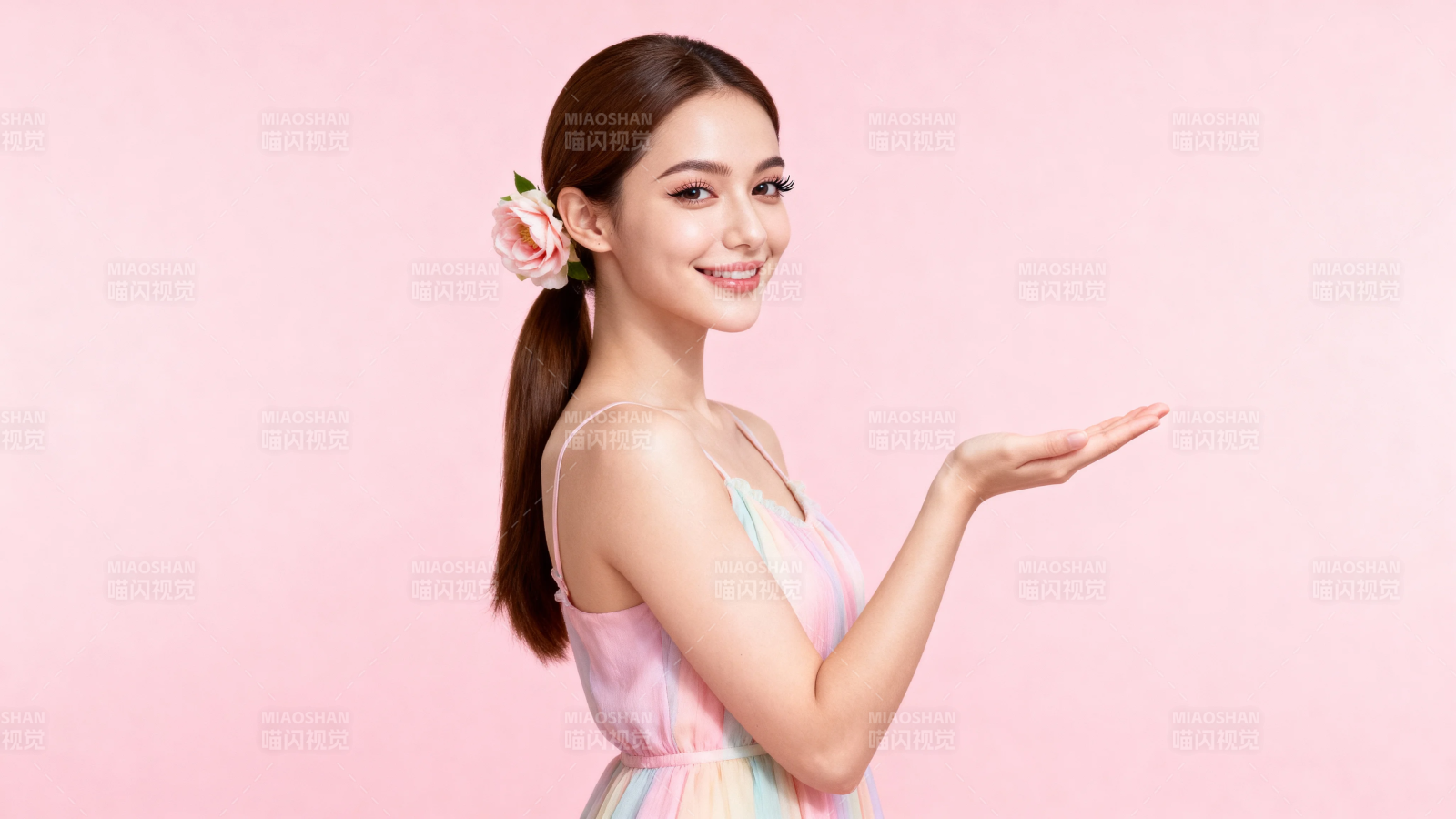 粉裙少女微笑展示手势图片