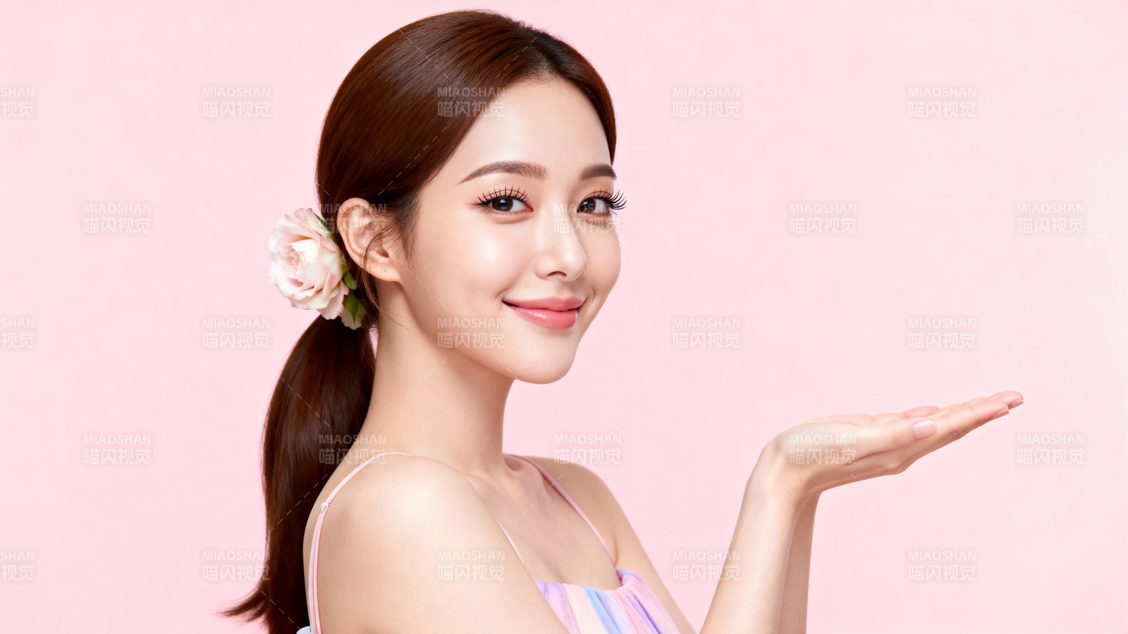 粉嫩少女手托花 温柔微笑展魅力图片