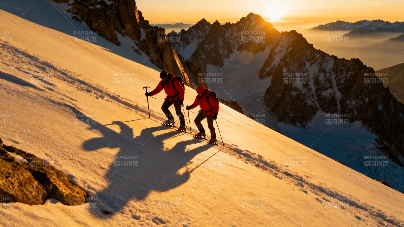 雪山夕阳 两人徒步剪影图片