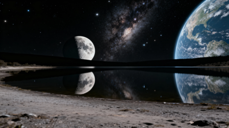 月地同辉 星河倒映水面图片