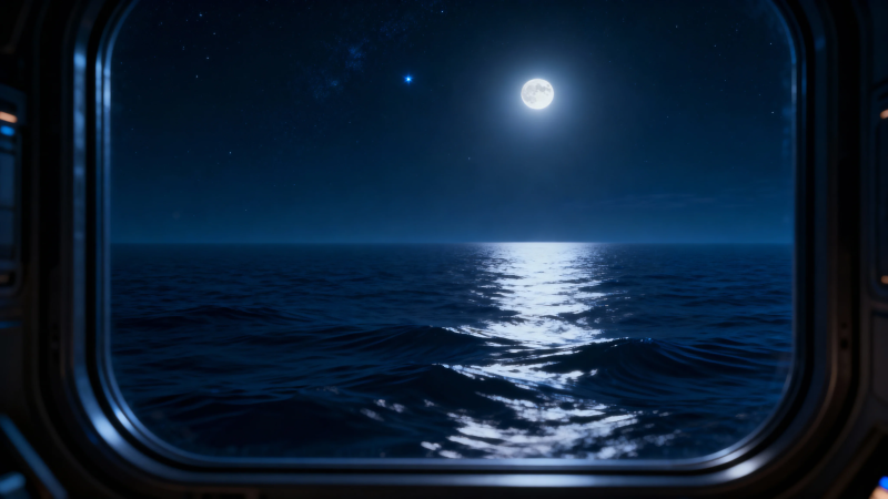 月夜海景 窗框如画图片