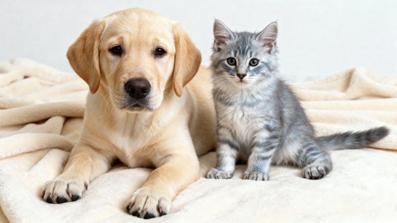 幼犬与小猫温馨同框图片