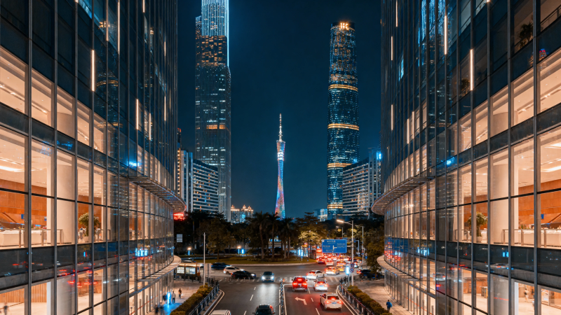 广州夜景 双塔与广州塔辉映图片