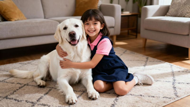 小女孩与金毛犬温馨相伴图片