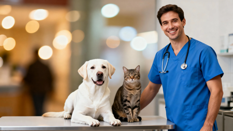 兽医与猫狗温馨合影图片