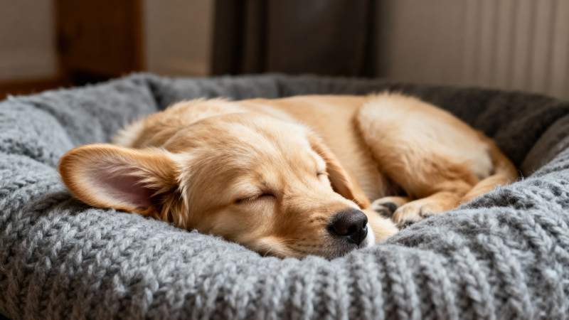 金毛犬安睡在灰色狗窝中图片