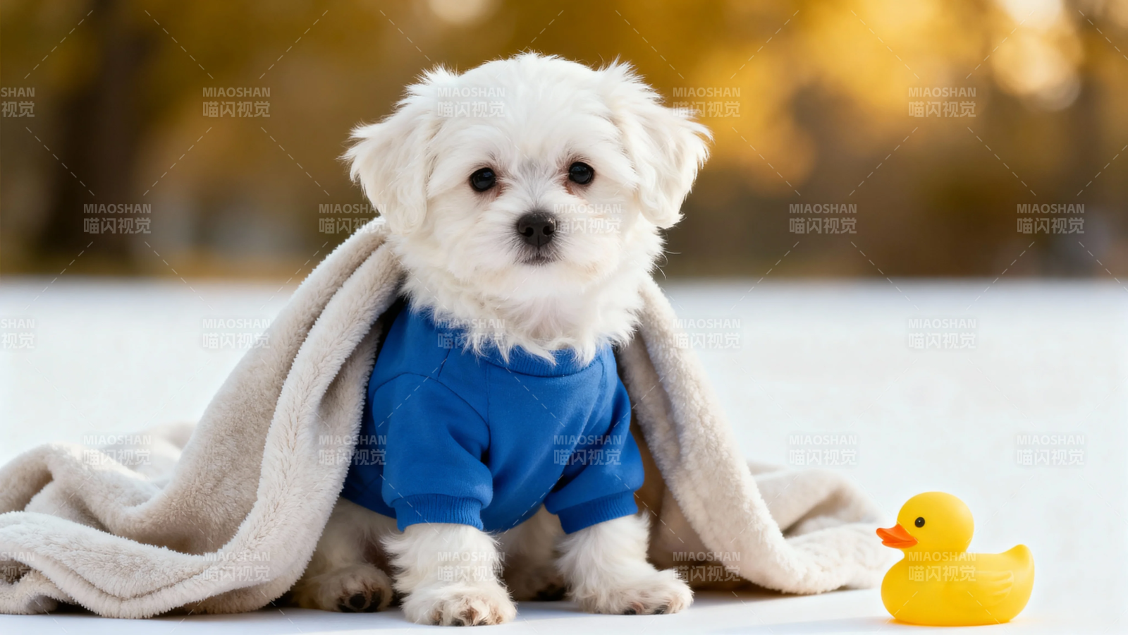 裹毯穿蓝衣 萌犬伴黄鸭图片