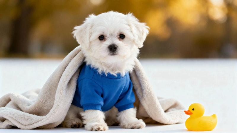 裹毯穿蓝衣 萌犬伴黄鸭图片
