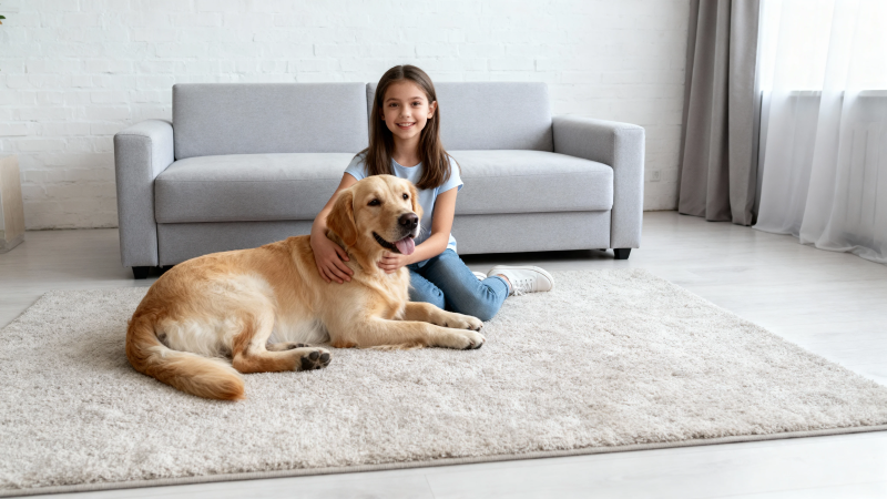 女孩与金毛犬温馨相伴图片