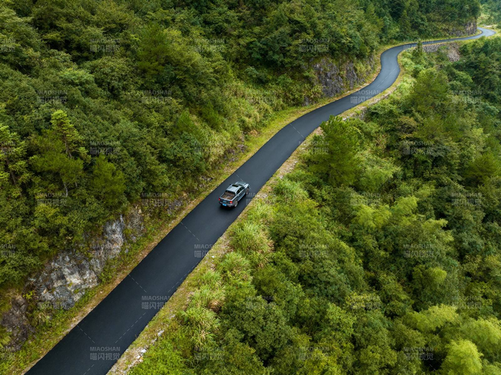 山间公路 一车穿行绿海图片