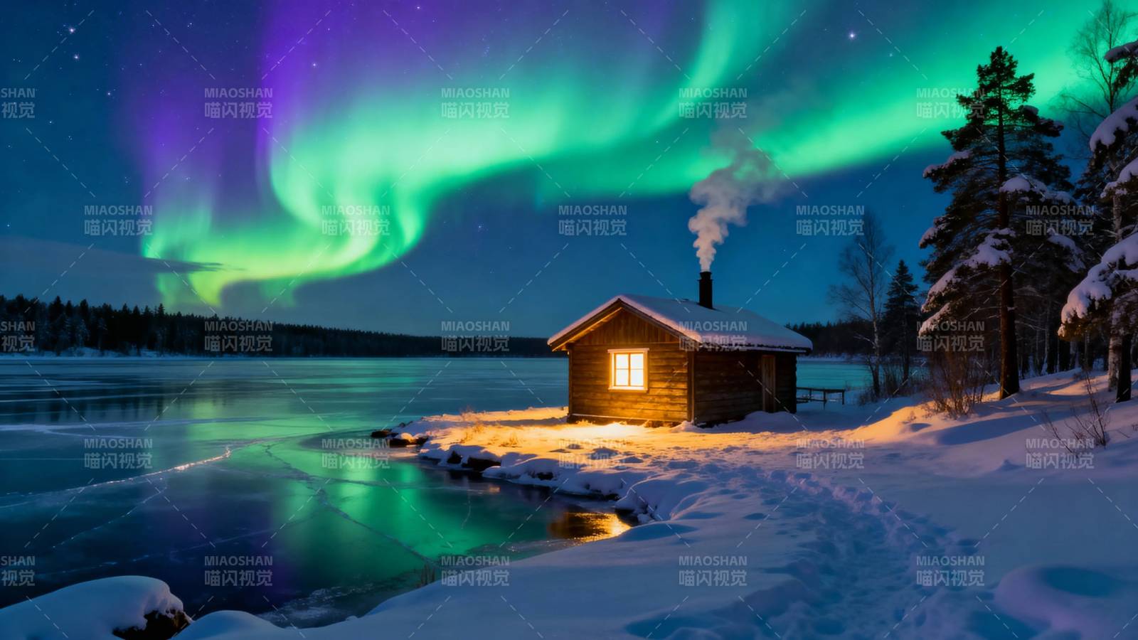 极光下的雪屋夜景图片