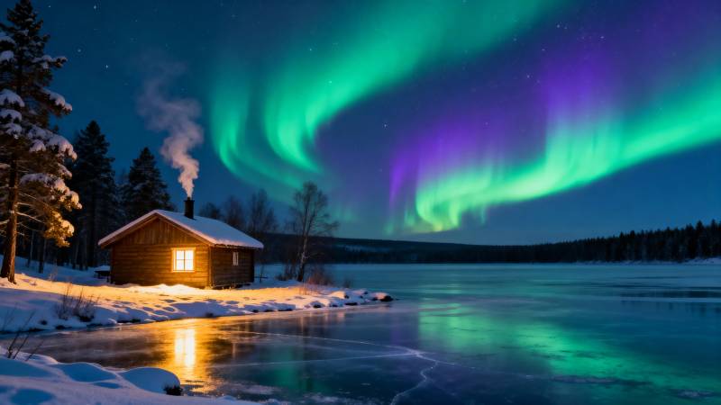 极光小屋 雪夜静谧湖光图片