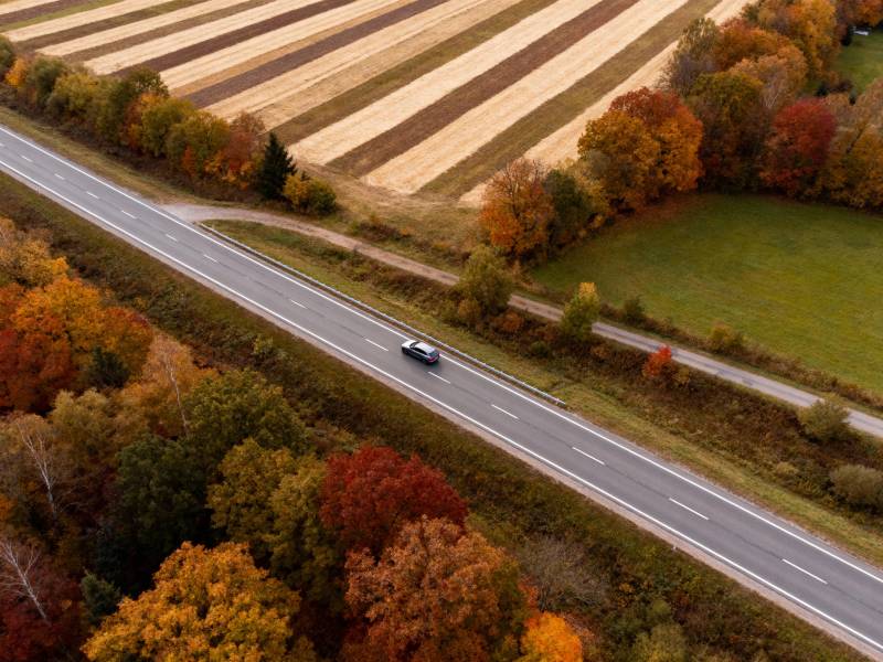 秋景公路 车行彩林间图片