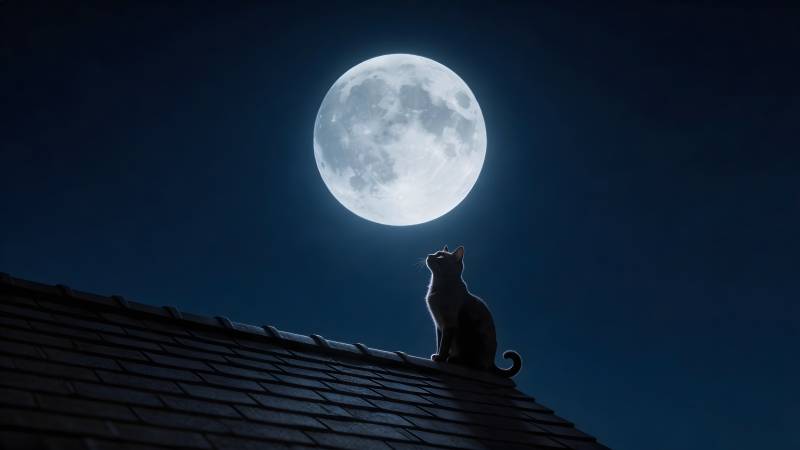 月夜猫影屋顶望图片