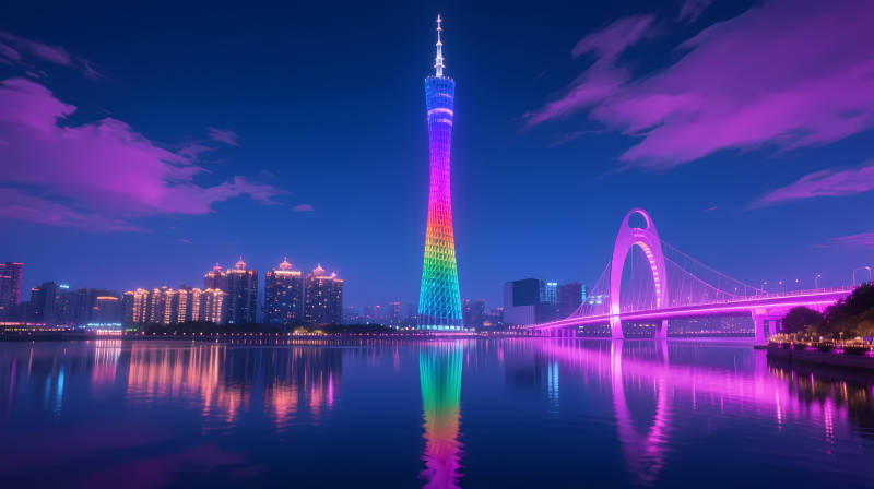 广州塔霓虹夜景倒影美图片