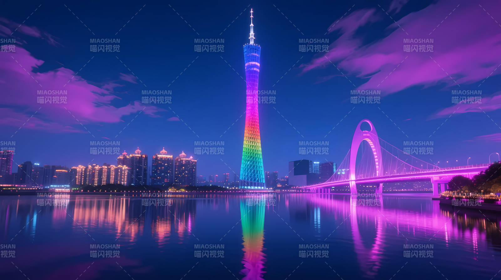 广州塔霓虹夜景倒影美图片