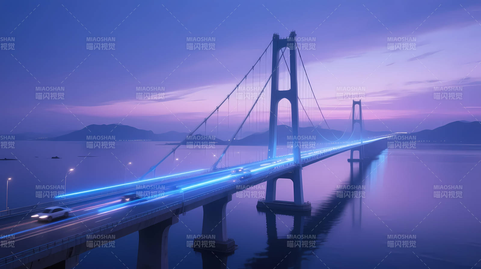 蓝光大桥映暮色图片