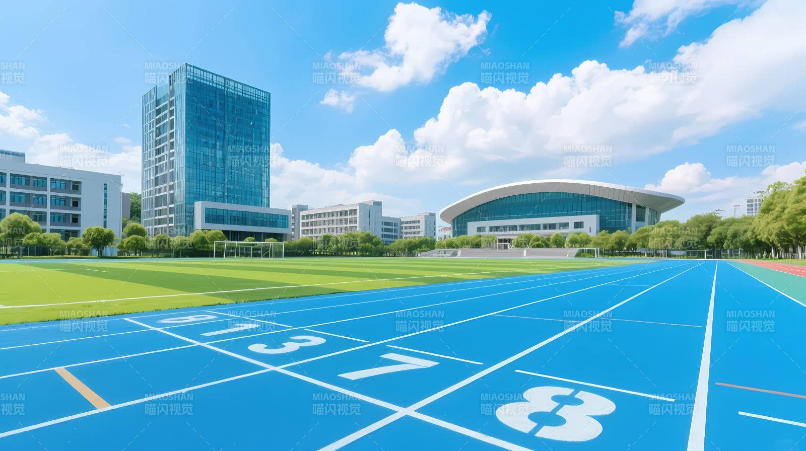 蓝天下的校园跑道与建筑图片