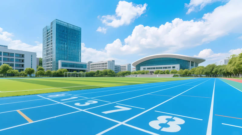 蓝天下的校园跑道与建筑图片