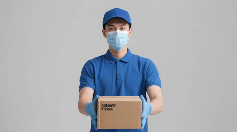 快递员戴口罩递包裹图片