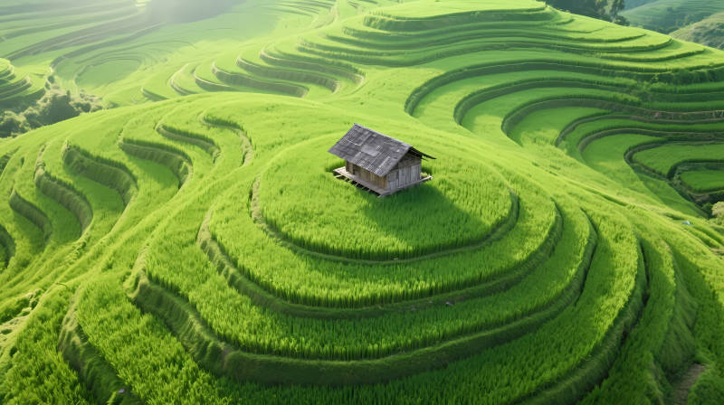 梯田绿浪 小屋静立其中图片