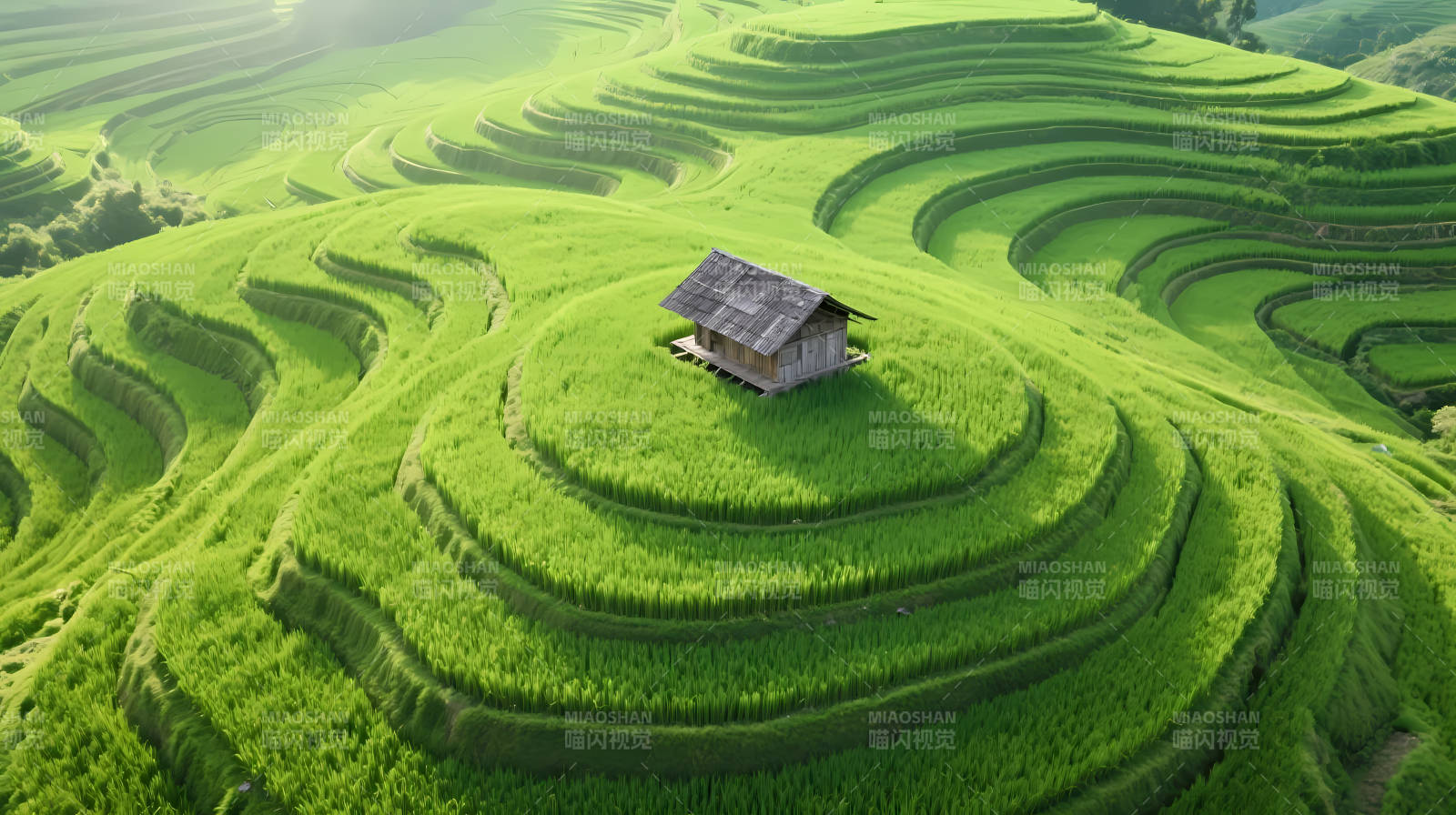 梯田绿浪 小屋静立其中图片
