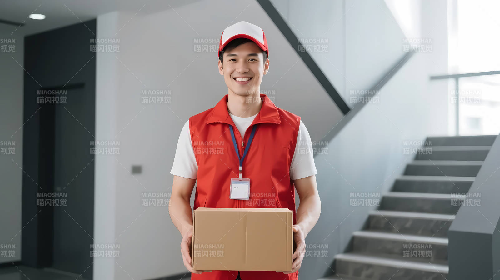 快递员微笑送包裹上门图片