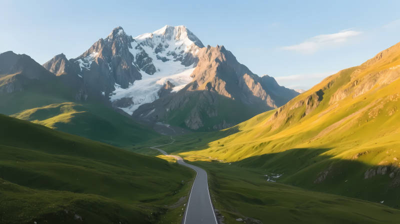 雪山绿谷 蜿蜒公路穿其间图片